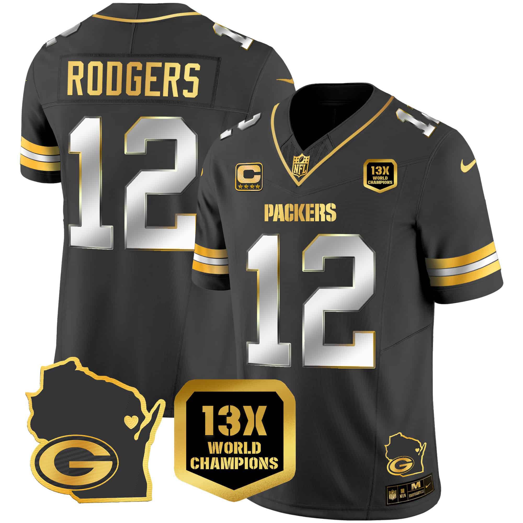 Men Green Bay Packers 12 Rodgers Black Gold 2024 Nike World Champions Home Patch Vapor NFL Jersey style 1